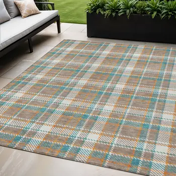 5' X 8' Taupe And Blue Plaid Washable Indoor Outdoor Area Rug
