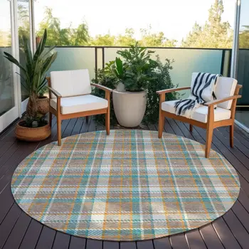 8' Taupe And Blue Round Plaid Washable Indoor Outdoor Area Rug