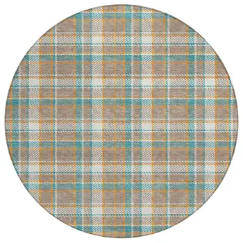 8' Taupe And Blue Round Plaid Washable Indoor Outdoor Area Rug