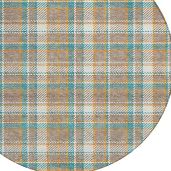 8' Taupe And Blue Round Plaid Washable Indoor Outdoor Area Rug