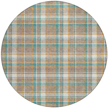 8' Taupe And Blue Round Plaid Washable Indoor Outdoor Area Rug