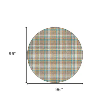 8' Taupe And Blue Round Plaid Washable Indoor Outdoor Area Rug