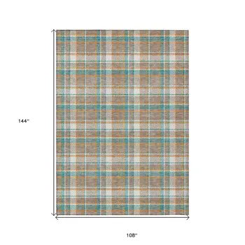 9' X 12' Taupe And Blue Plaid Washable Indoor Outdoor Area Rug