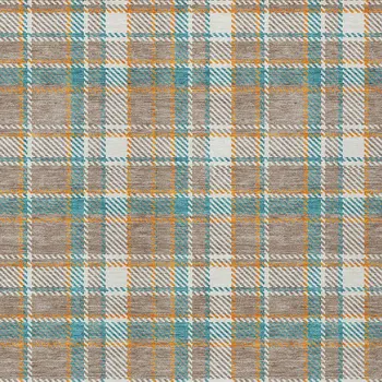 9' X 12' Taupe And Blue Plaid Washable Indoor Outdoor Area Rug