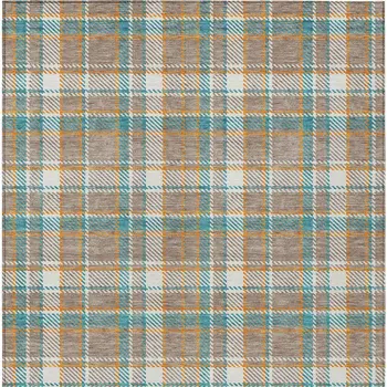 10' X 14' Taupe And Blue Plaid Washable Indoor Outdoor Area Rug