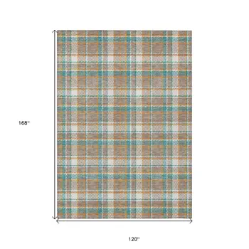 10' X 14' Taupe And Blue Plaid Washable Indoor Outdoor Area Rug