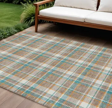 10' X 14' Taupe And Blue Plaid Washable Indoor Outdoor Area Rug
