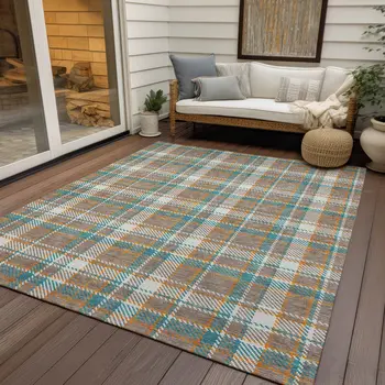 10' X 14' Taupe And Blue Plaid Washable Indoor Outdoor Area Rug