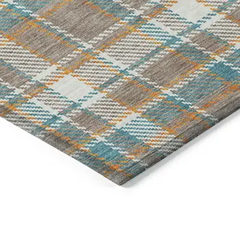 10' X 14' Taupe And Blue Plaid Washable Indoor Outdoor Area Rug