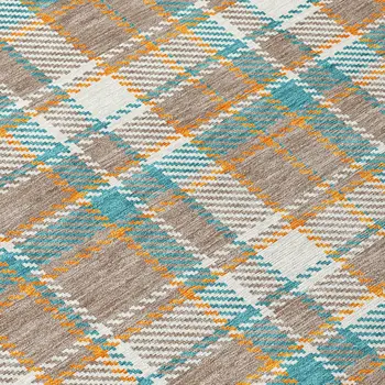 10' X 14' Taupe And Blue Plaid Washable Indoor Outdoor Area Rug