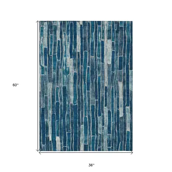 3' X 5' Blue And Light Blue Striped Washable Indoor Outdoor Area Rug