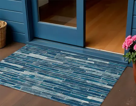 3' X 5' Blue And Light Blue Striped Washable Indoor Outdoor Area Rug