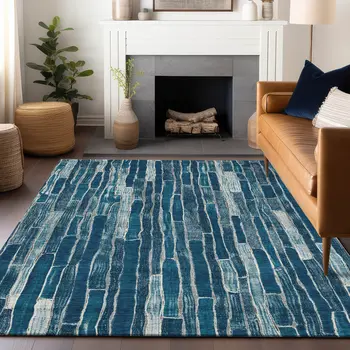 3' X 5' Blue And Light Blue Striped Washable Indoor Outdoor Area Rug