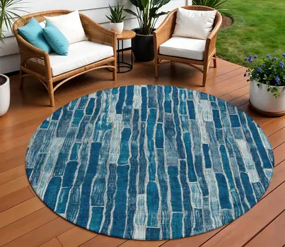 8' Blue And Light Blue Round Striped Washable Indoor Outdoor Area Rug