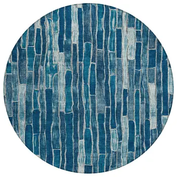 8' Blue And Light Blue Round Striped Washable Indoor Outdoor Area Rug
