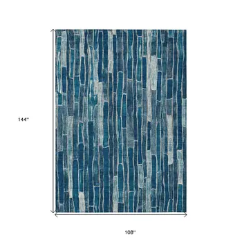9' X 12' Blue And Light Blue Striped Washable Indoor Outdoor Area Rug