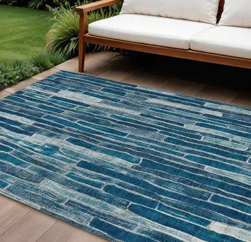 9' X 12' Blue And Light Blue Striped Washable Indoor Outdoor Area Rug