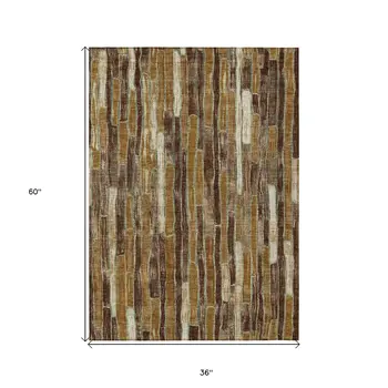 3' X 5' Brown Golden Brown And Beige Striped Washable Indoor Outdoor Area Rug