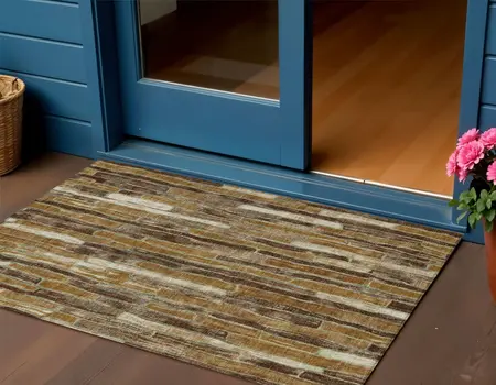 3' X 5' Brown Golden Brown And Beige Striped Washable Indoor Outdoor Area Rug