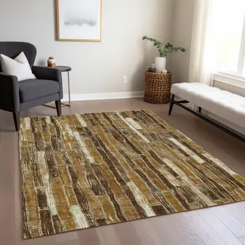 3' X 5' Brown Golden Brown And Beige Striped Washable Indoor Outdoor Area Rug