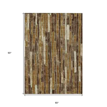 5' X 8' Brown Golden Brown And Beige Striped Washable Indoor Outdoor Area Rug
