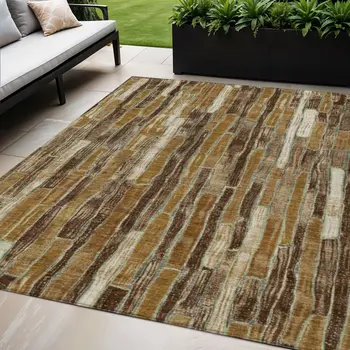 5' X 8' Brown Golden Brown And Beige Striped Washable Indoor Outdoor Area Rug