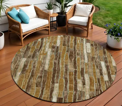 8' Brown Golden Brown And Beige Round Striped Washable Indoor Outdoor Area Rug