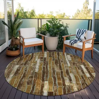 8' Brown Golden Brown And Beige Round Striped Washable Indoor Outdoor Area Rug