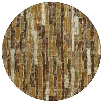 8' Brown Golden Brown And Beige Round Striped Washable Indoor Outdoor Area Rug