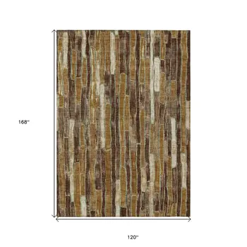 10' X 14' Brown Golden Brown And Beige Striped Washable Indoor Outdoor Area Rug