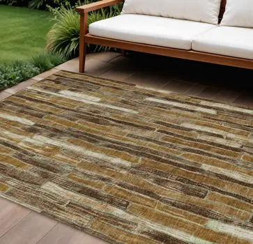 10' X 14' Brown Golden Brown And Beige Striped Washable Indoor Outdoor Area Rug