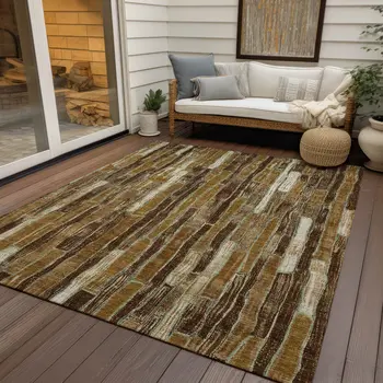 10' X 14' Brown Golden Brown And Beige Striped Washable Indoor Outdoor Area Rug