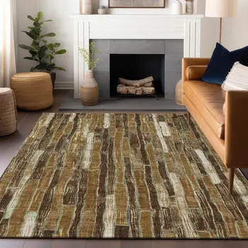 10' X 14' Brown Golden Brown And Beige Striped Washable Indoor Outdoor Area Rug