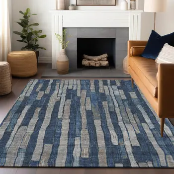 5' X 8' Navy Blue And Denim Blue Striped Washable Indoor Outdoor Area Rug