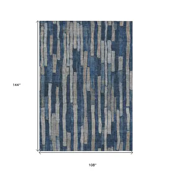 9' X 12' Navy Blue And Denim Blue Striped Washable Indoor Outdoor Area Rug