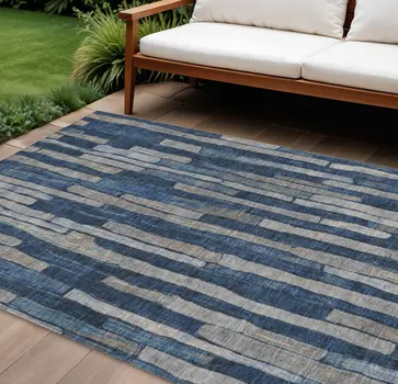 10' X 14' Navy Blue And Denim Blue Striped Washable Indoor Outdoor Area Rug