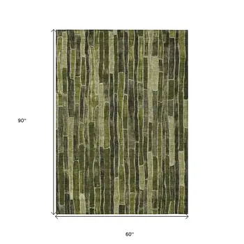 5' X 8' Olive Green And Dark Olive Green Striped Washable Indoor Outdoor Area Rug