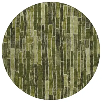 8' Olive Green And Dark Olive Green Round Striped Washable Indoor Outdoor Area Rug