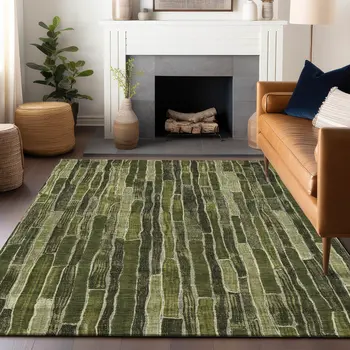 10' X 14' Olive Green And Dark Olive Green Striped Washable Indoor Outdoor Area Rug
