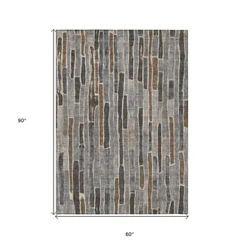 5' X 8' Pewter And Brown Striped Washable Indoor Outdoor Area Rug