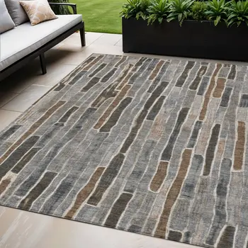5' X 8' Pewter And Brown Striped Washable Indoor Outdoor Area Rug