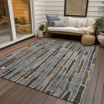 8' X 10' Pewter And Brown Striped Washable Indoor Outdoor Area Rug