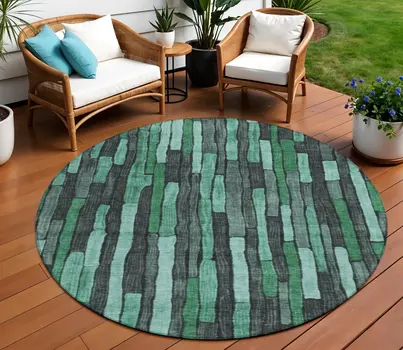 8' Sage Teal Blue And Emerald Round Striped Washable Indoor Outdoor Area Rug