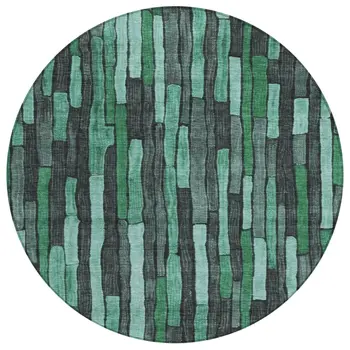 8' Sage Teal Blue And Emerald Round Striped Washable Indoor Outdoor Area Rug