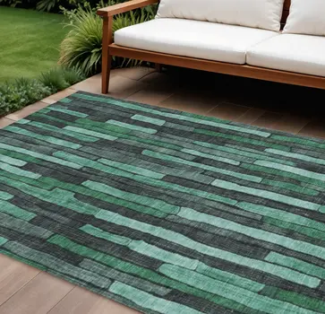 10' X 14' Sage Teal Blue And Emerald Striped Washable Indoor Outdoor Area Rug