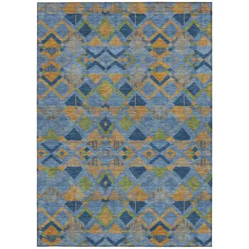 3' X 5' Denim Blue Gold And Green Geometric Washable Indoor Outdoor Area Rug