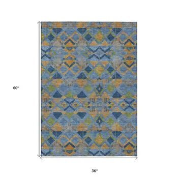 3' X 5' Denim Blue Gold And Green Geometric Washable Indoor Outdoor Area Rug