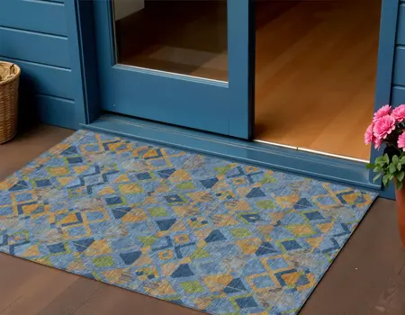 3' X 5' Denim Blue Gold And Green Geometric Washable Indoor Outdoor Area Rug