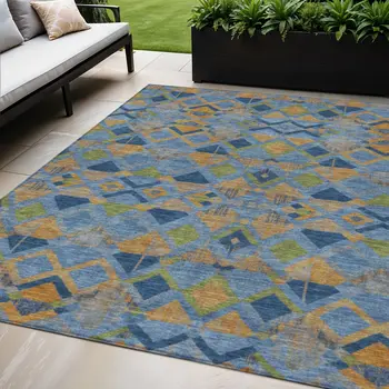 5' X 8' Denim Blue Gold And Green Geometric Washable Indoor Outdoor Area Rug