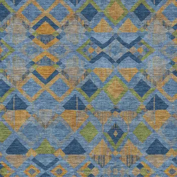 5' X 8' Denim Blue Gold And Green Geometric Washable Indoor Outdoor Area Rug